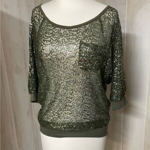 Sequin Shirt Green Short Sleeve Sheer Holiday Party Style